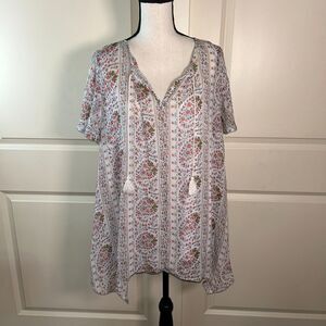 🟢 Liz Claiborne Floral Tassel Blouse Women’s 2X Double Layer Boho Tunic Top